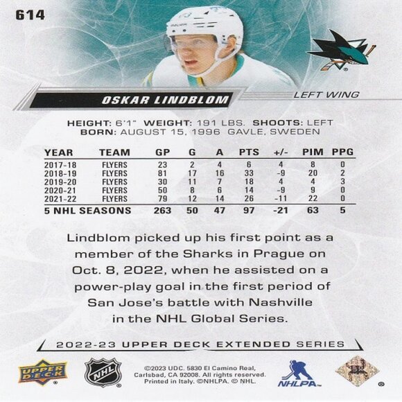 Oskar Lindblom - 2022/2023 Upper Deck Extended Series Hockey Card - Picture 2 of 2